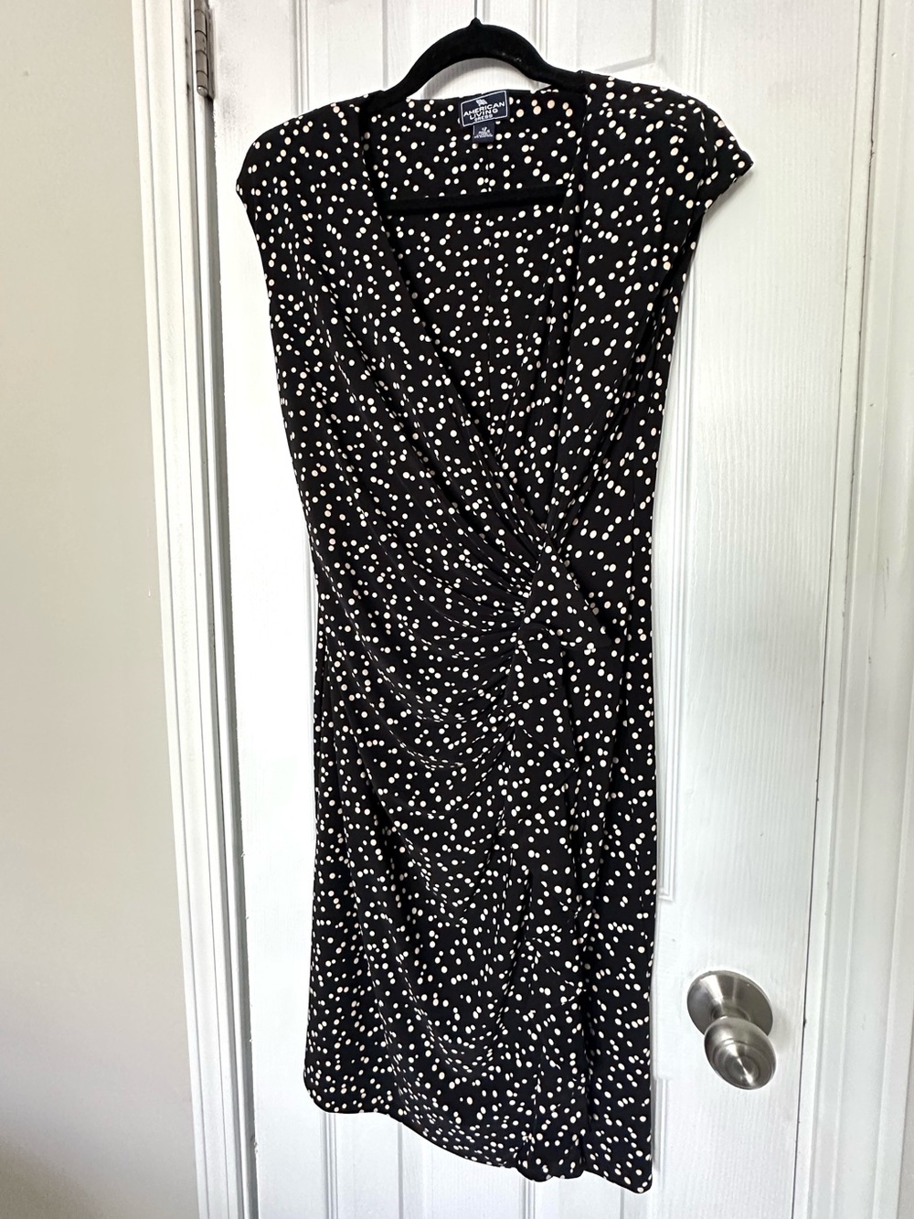American Living Womens 12 Black Polka Dot Pull On V-Neck Cap Sleeve Wrap Dress